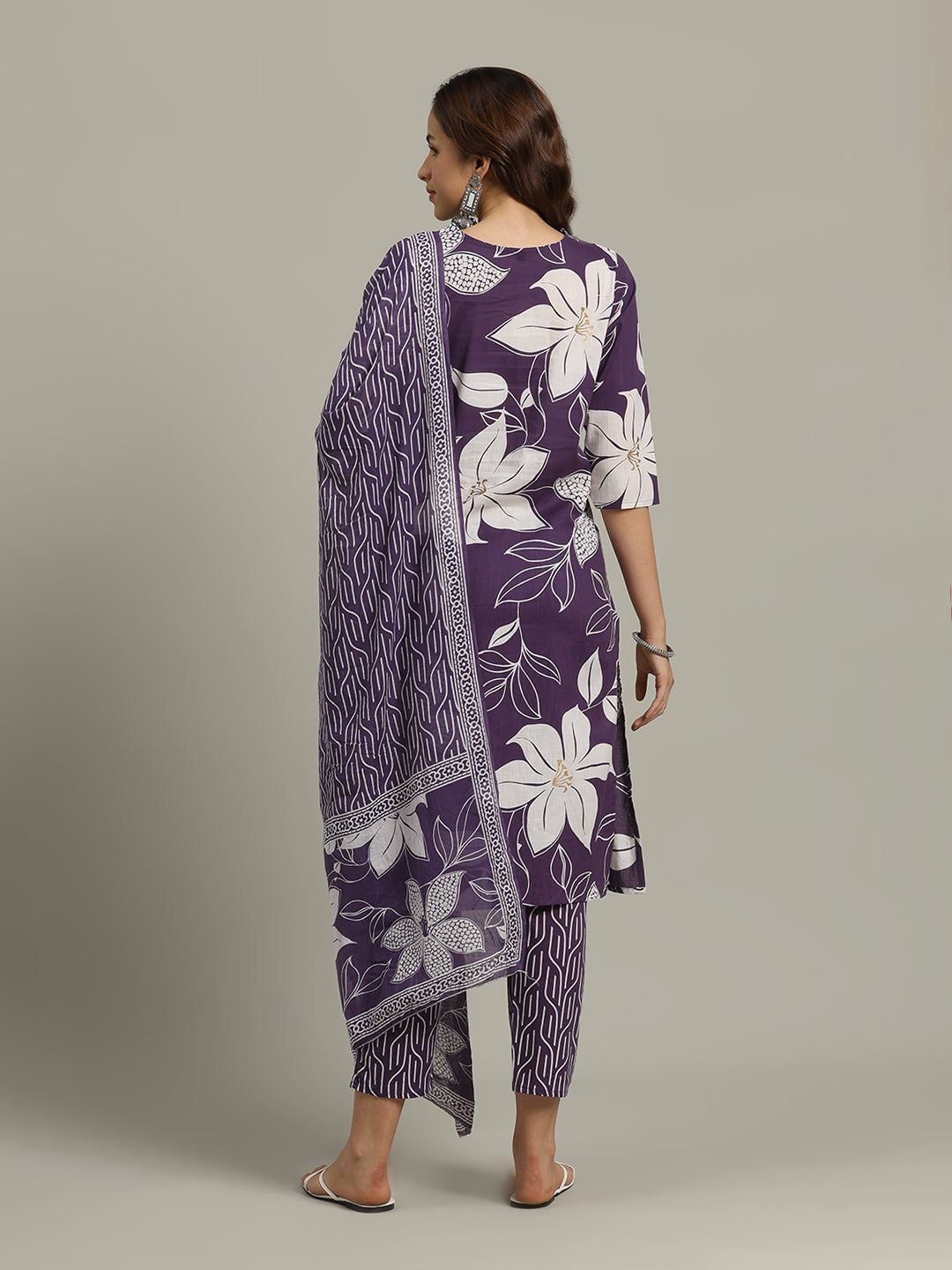 Floral Printed Cotton Blend Kurta With Pants &amp; Dupatta