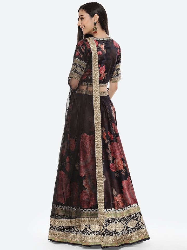 Floral Printed Satin Choli With Lehenga &amp; Net Dupatta
