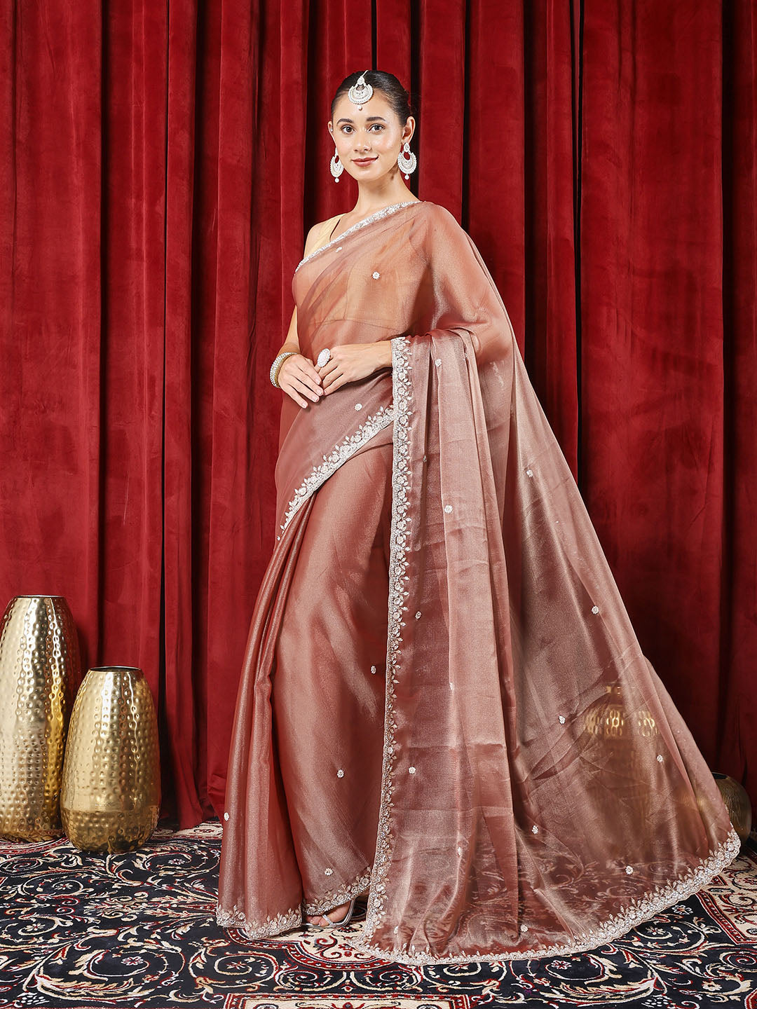 Sequin &amp; Pearl Embroidered Tissue Saree