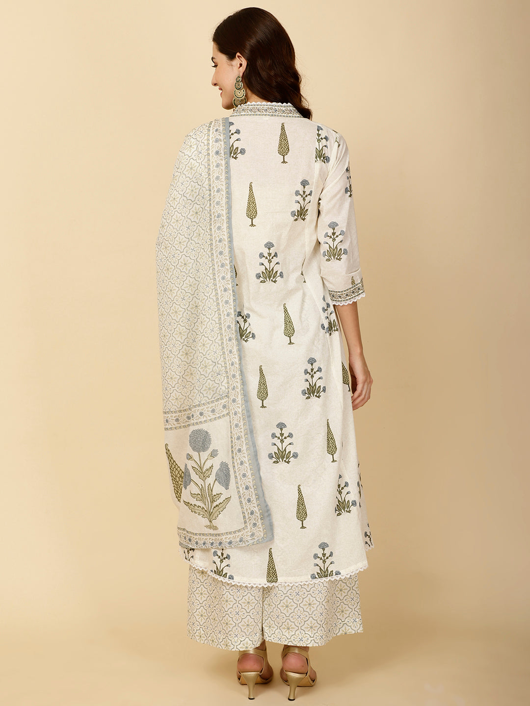 Block Printed Cotton Kurta With Palazzo &amp; Dupatta