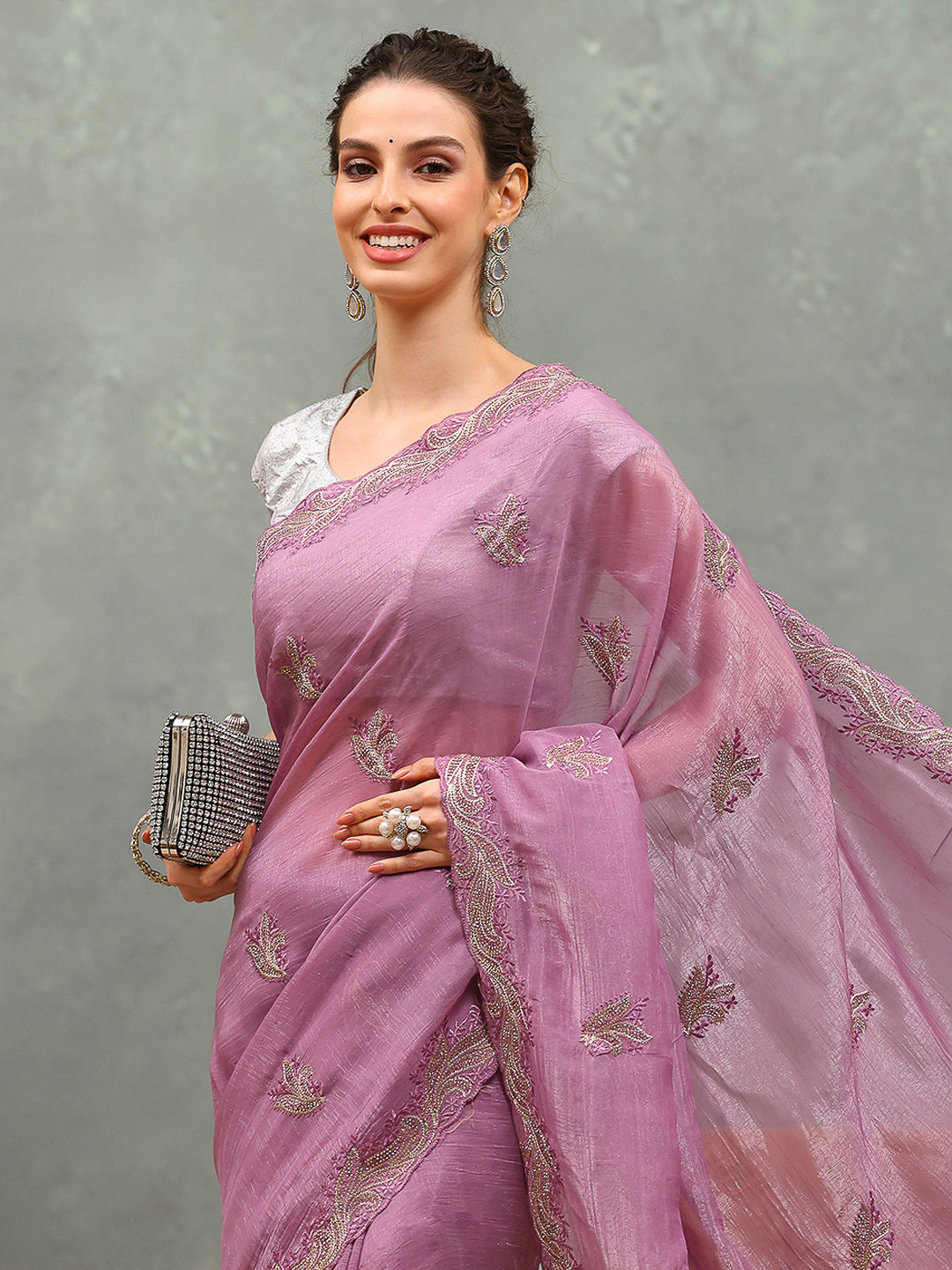 Thread Embroidered Chiffon Saree