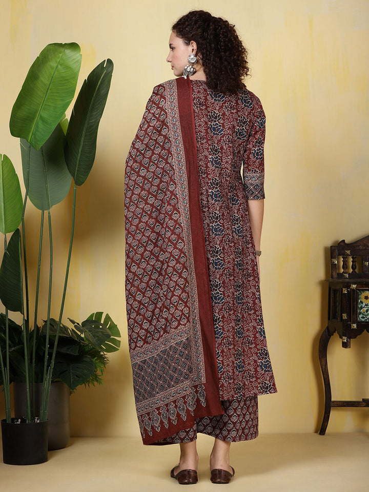 Printed Cotton Blend Kurta With Pants &amp; Dupatta