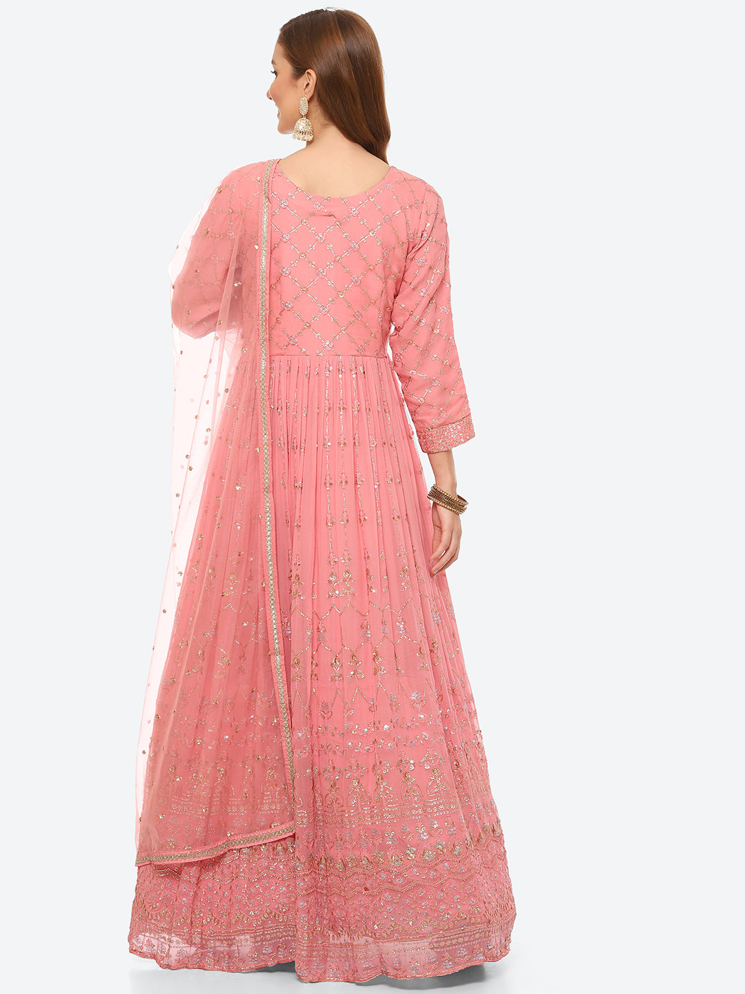 Sequin Work Georgette Anarkali Kurta With Churidar &amp; Net Dupatta