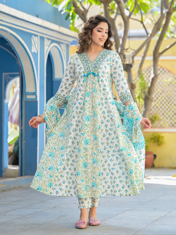 Printed Cotton Kurta With Pants &amp; Dupatta