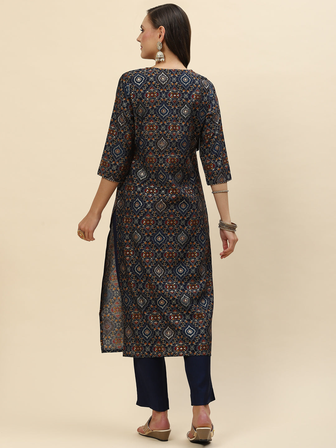 Zari Neck Embroidered &amp; Printed Muslin Kurta With Pants