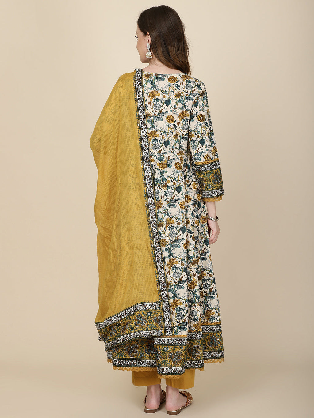 Floral Printed Cotton Kurta With Pants & Dupatta