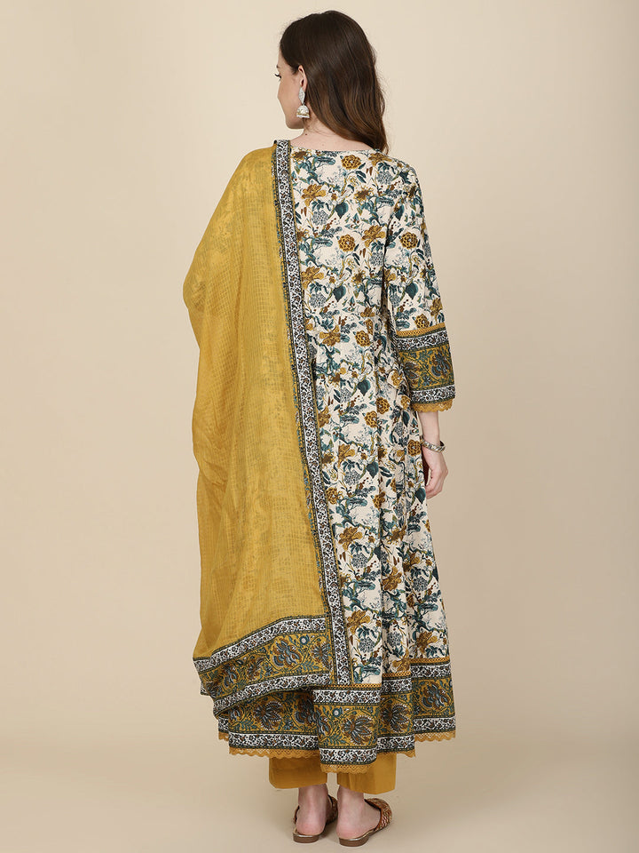 Floral Printed Cotton Kurta With Pants &amp; Dupatta