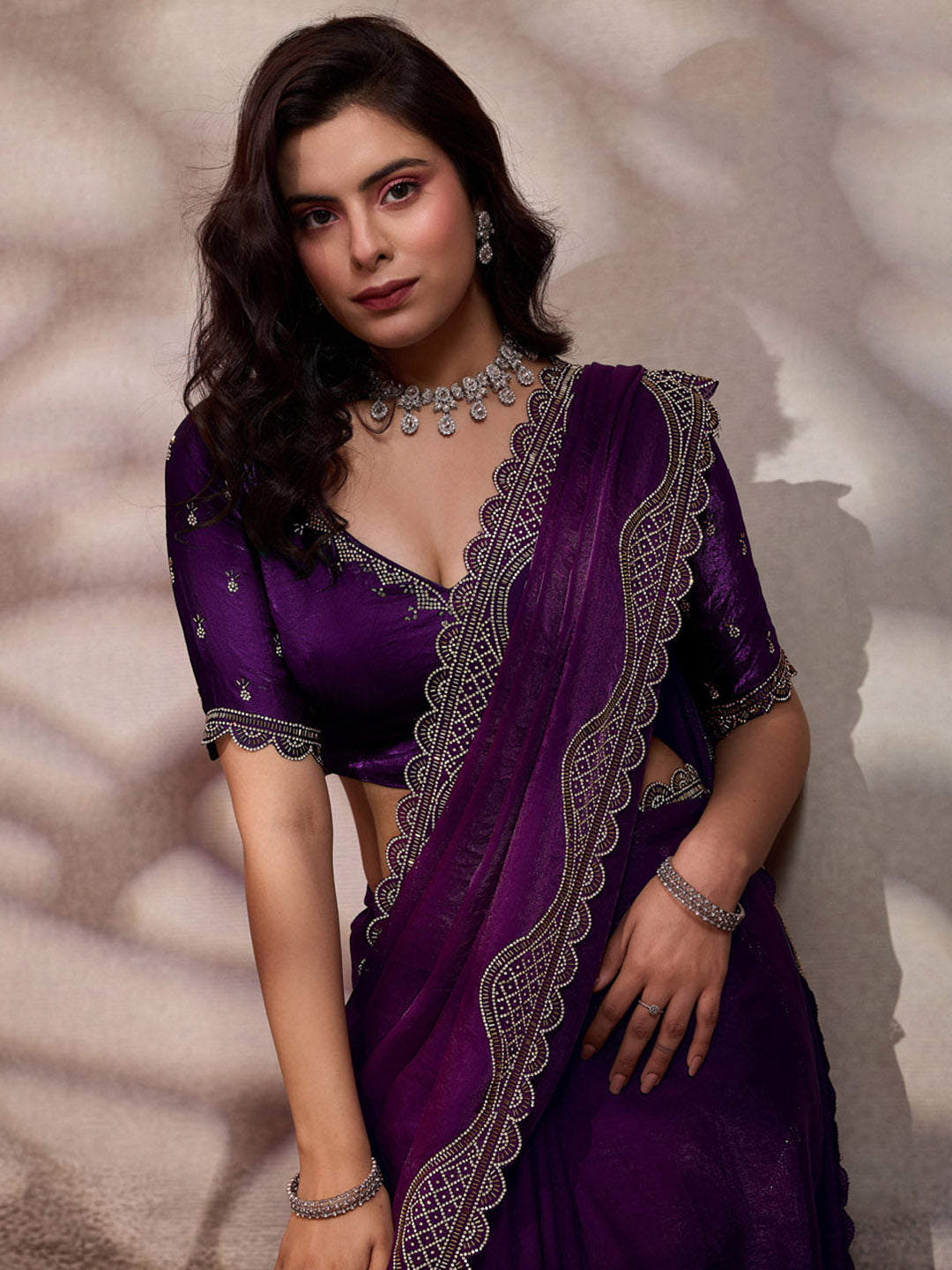Embroidered Satin Velvet Saree