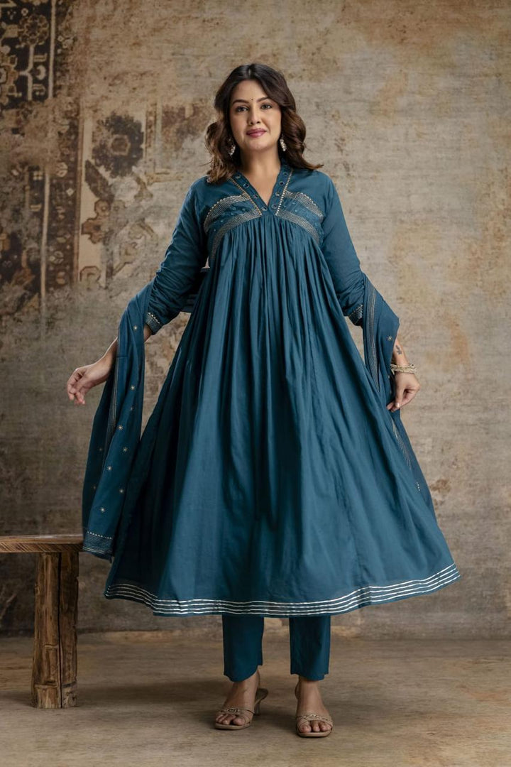 Blue Cotton Blend Embroidered Straight Suit Set