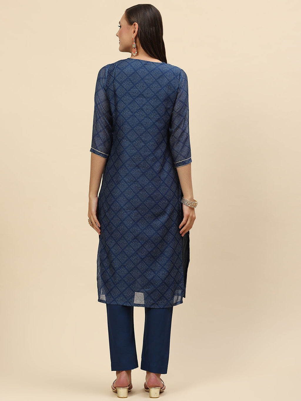 Mirror Embroidered & Printed Chanderi Kurta With Pants