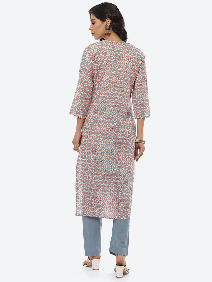 Printed Gota Neck Cotton Kurti With Pant