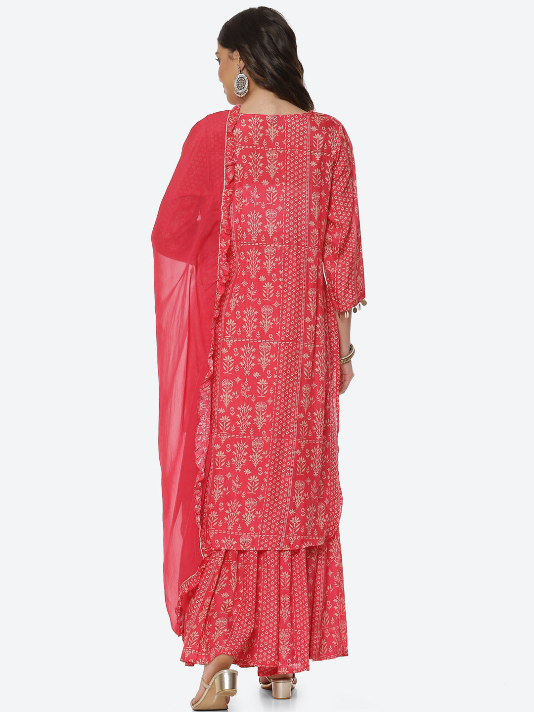 Gota Neck Booti Cotton Kurta With Garara &amp; Dupatta