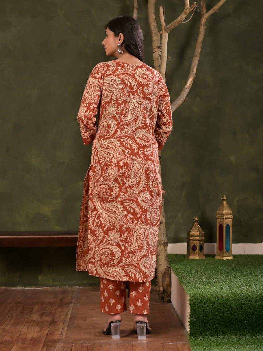 Red Embroidered Cotton Blend Straight Suit Set With Dupatta