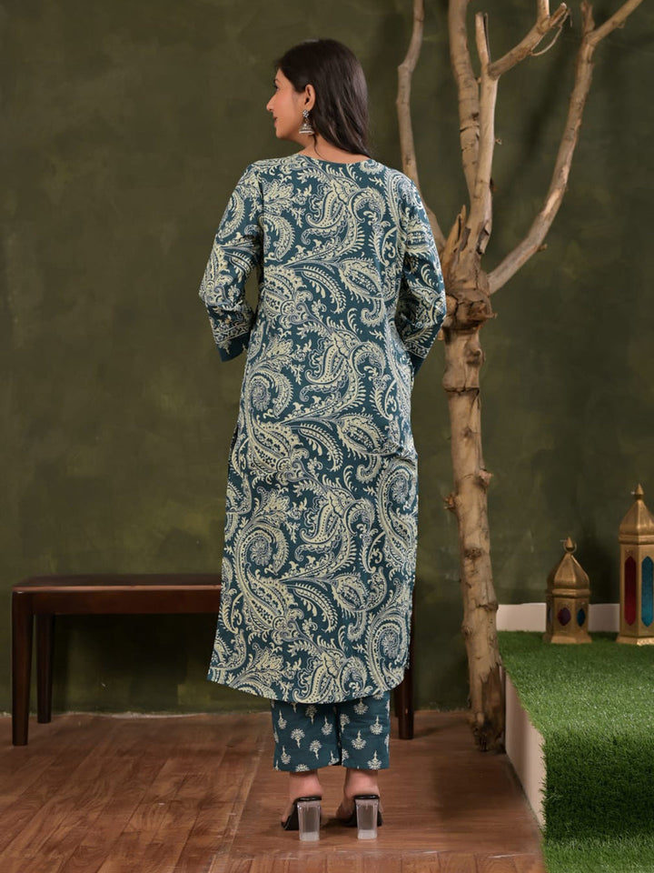 Blue Embroidered Cotton Blend Straight Suit Set With Dupatta