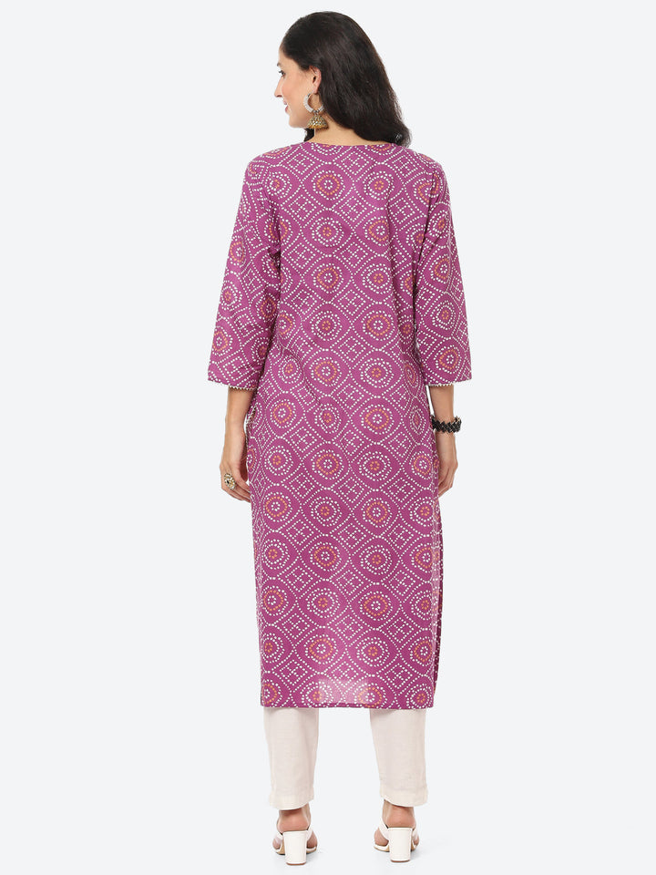 Yoke Embroided Bandhani Printed Cotton Kurti