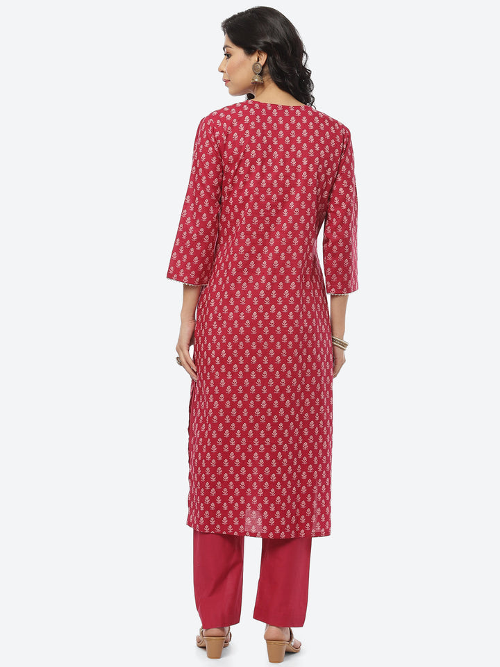 Printed Zari Neck Cotton Kurti With Pant