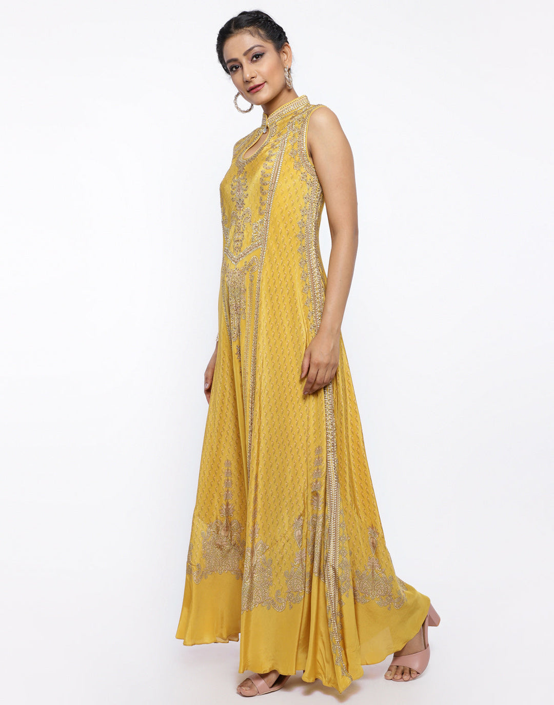 MBZ Meena Bazaar-Mustard Crepe Digital Printed Long Dress