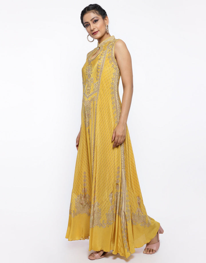MBZ Meena Bazaar-Mustard Crepe Digital Printed Long Dress