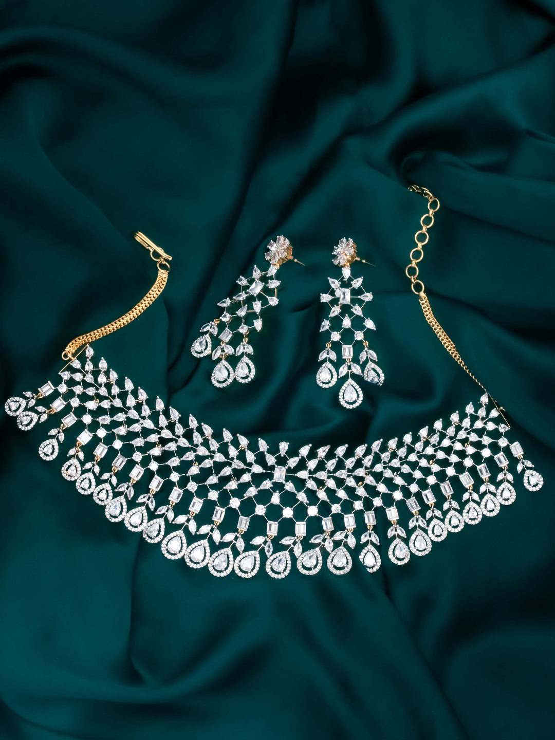 Gold White Stone Necklace With Earrings