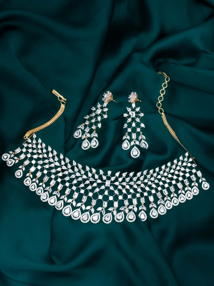 Gold White Stone Necklace With Earrings