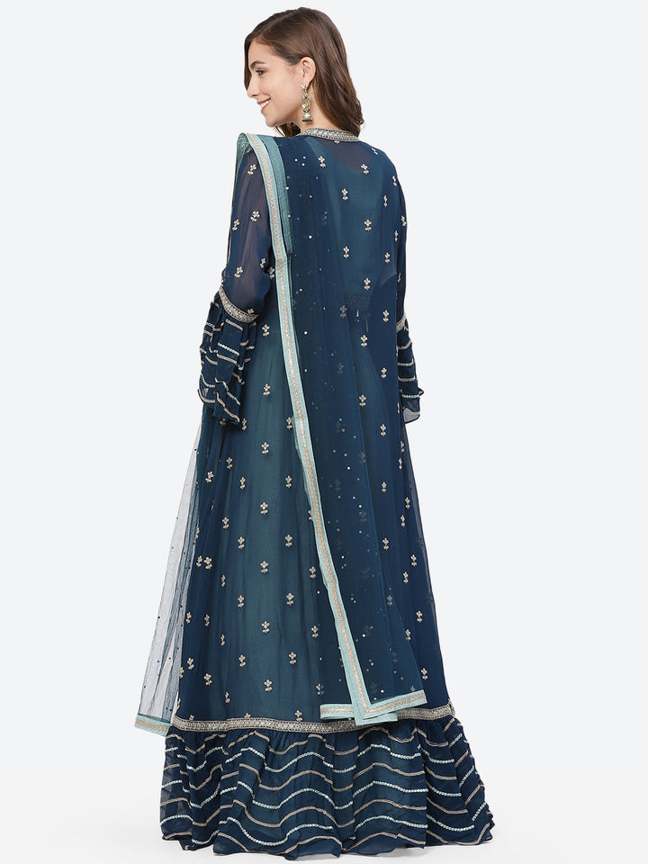 Mirror Work Georgette Jacket With Lehenga Choli And Net Dupatta