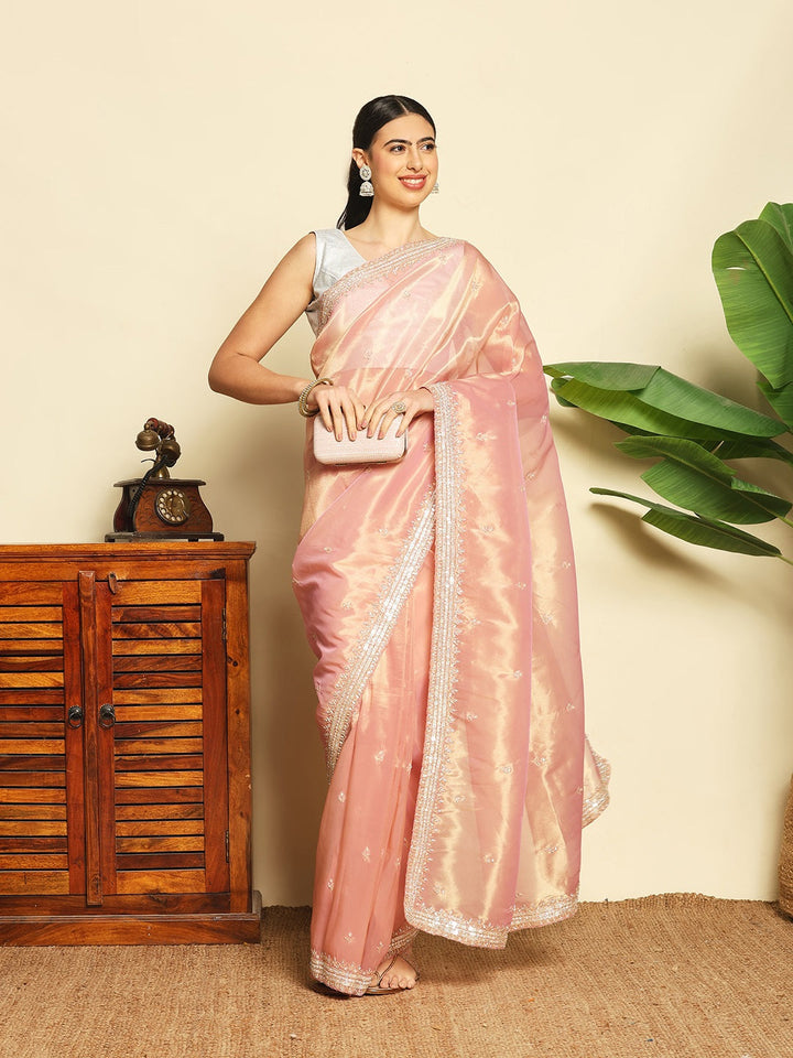 Stone &amp; Sequin Embroidered Tissue Saree