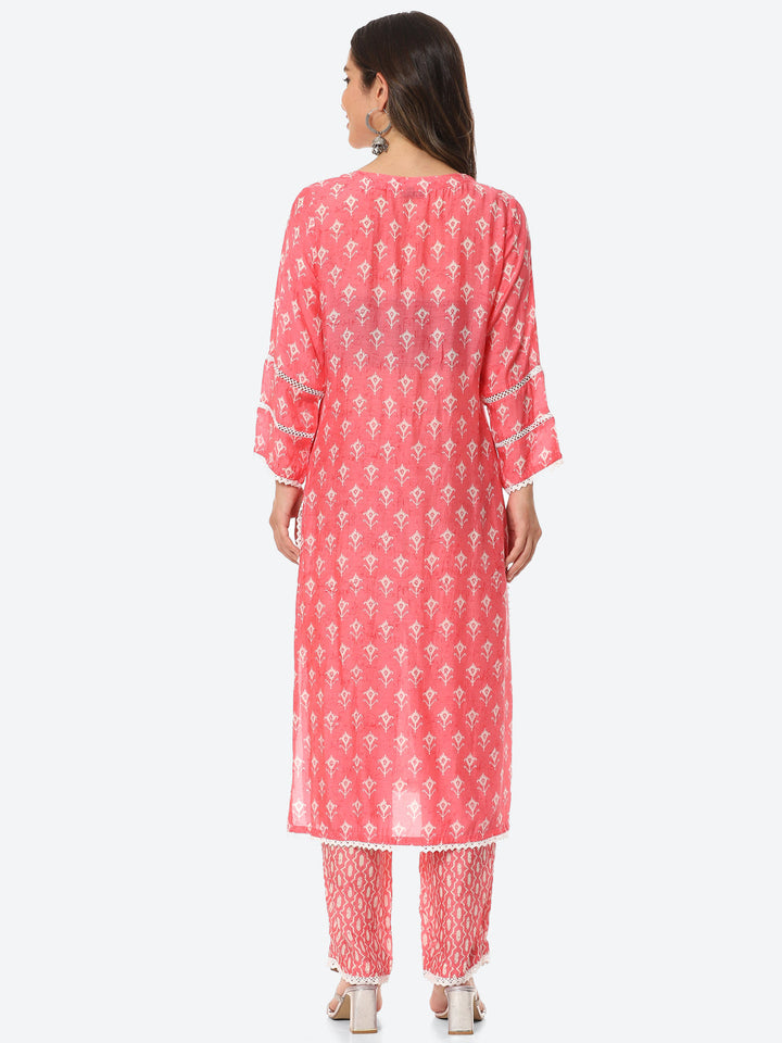 Printed Neck Embroidered Muslin Kurta With Pant