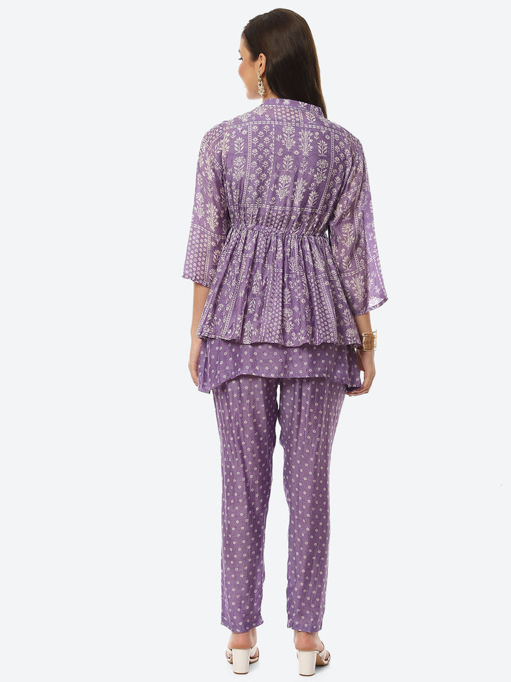 Floral Printed Muslin Kurti With Pant &amp; Jacket