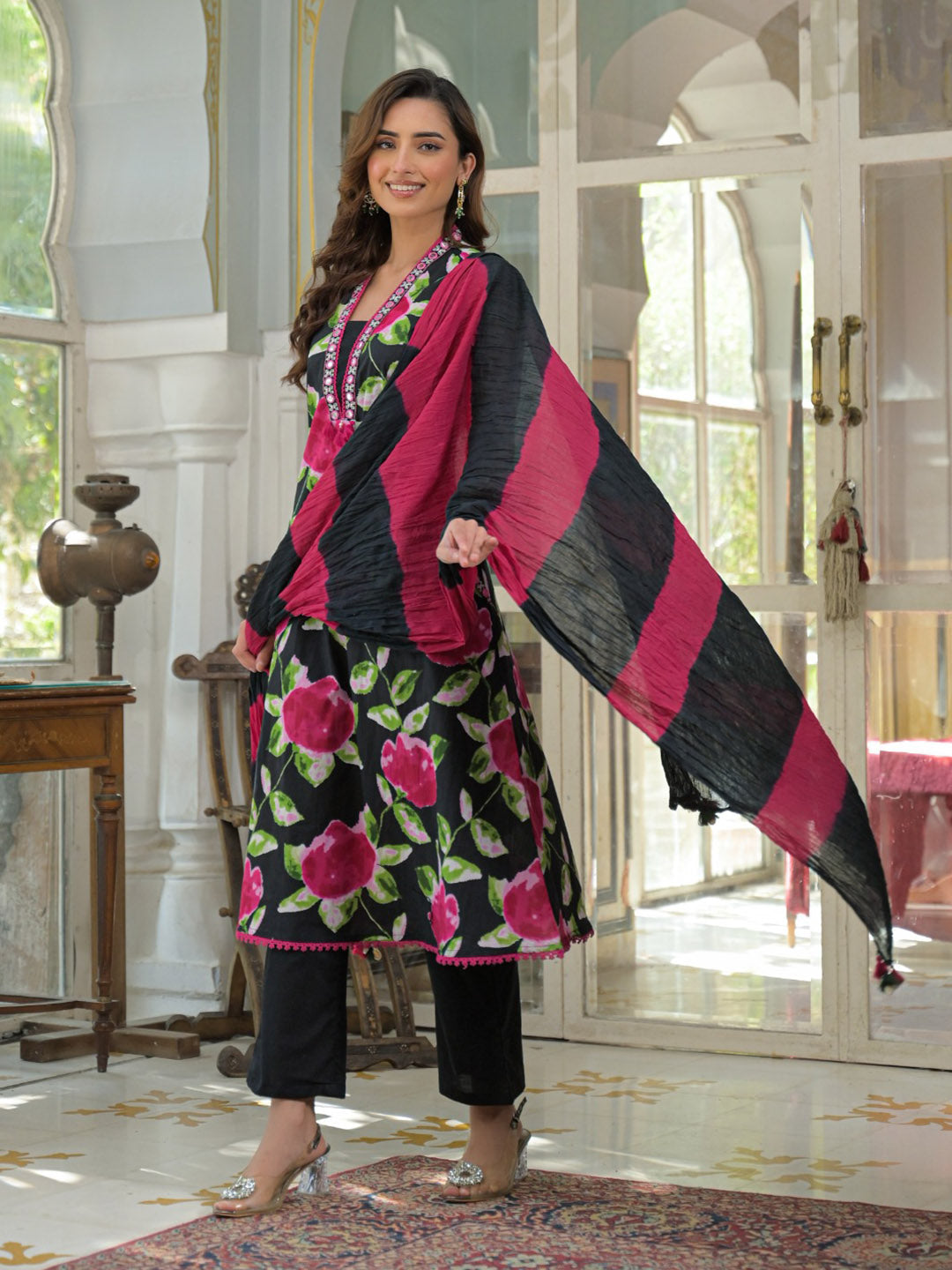 Black Cotton Blend Printed Straight Suit Set