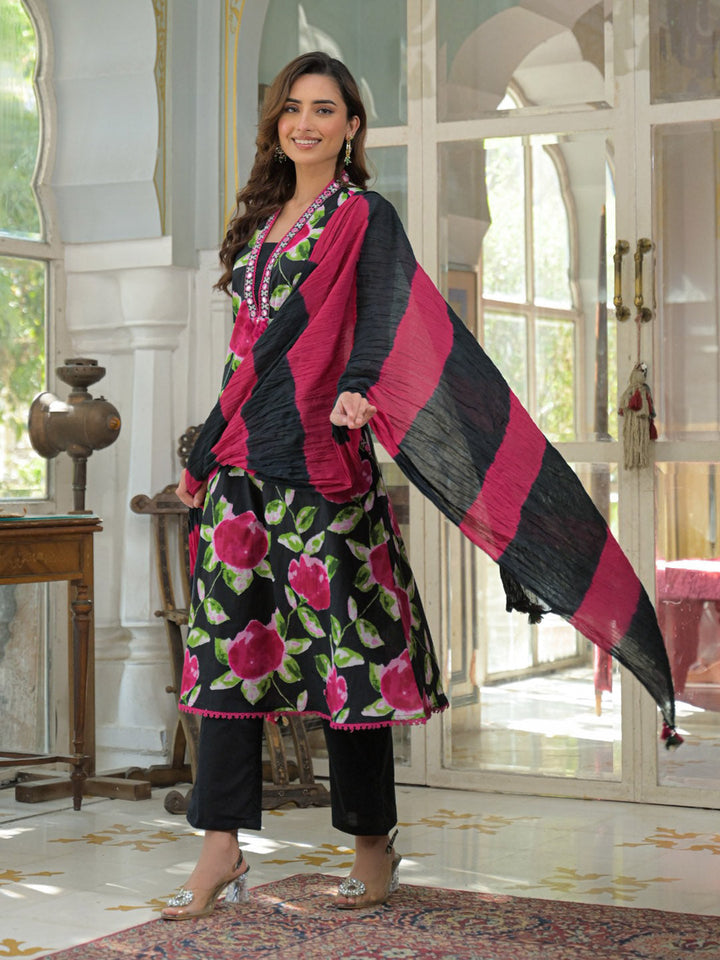 Black Cotton Blend Printed Straight Suit Set