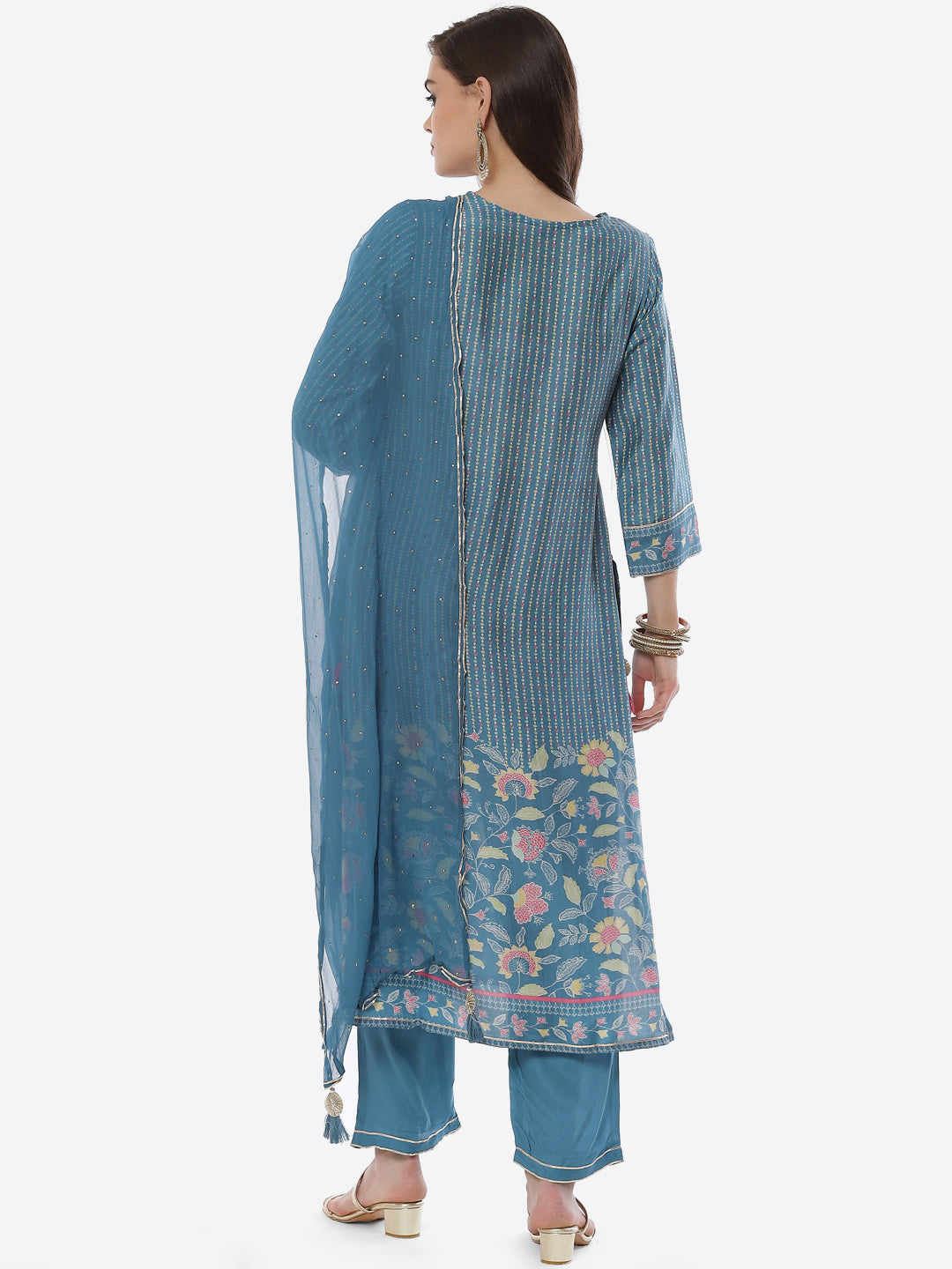 Mirror Work &amp; Printed Muslin Kurta With Pant &amp; Chiffon Dupatta