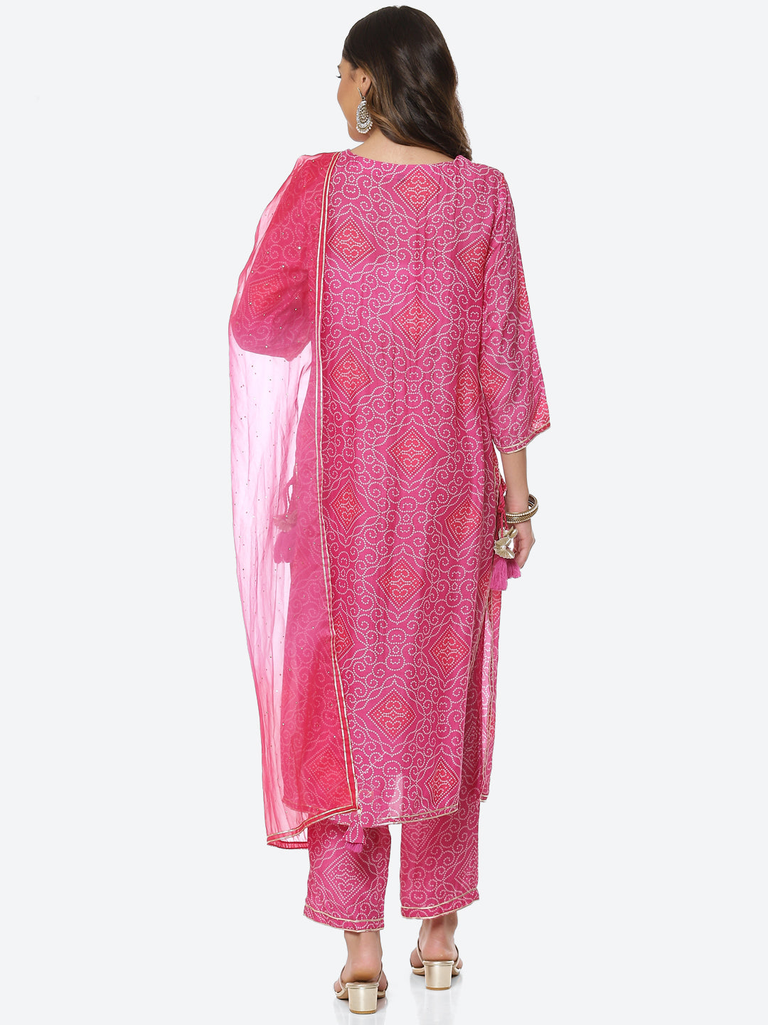 Printed Gota Neck Cotton Kurta With Pant & Dupatta