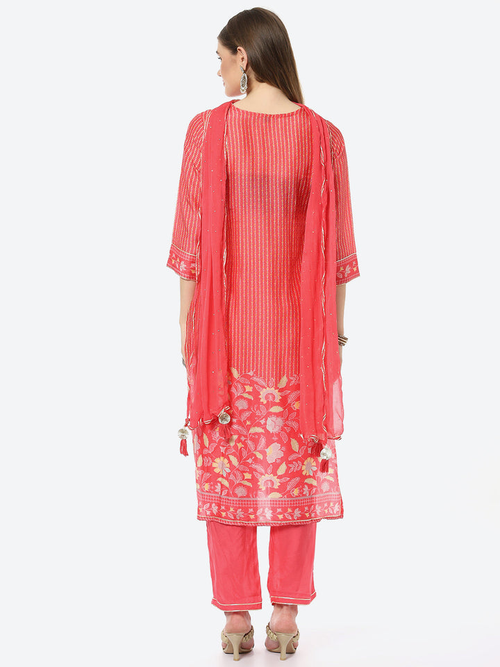 Mirror Work &amp; Printed Muslin Kurta With Pant &amp; Chiffon Dupatta