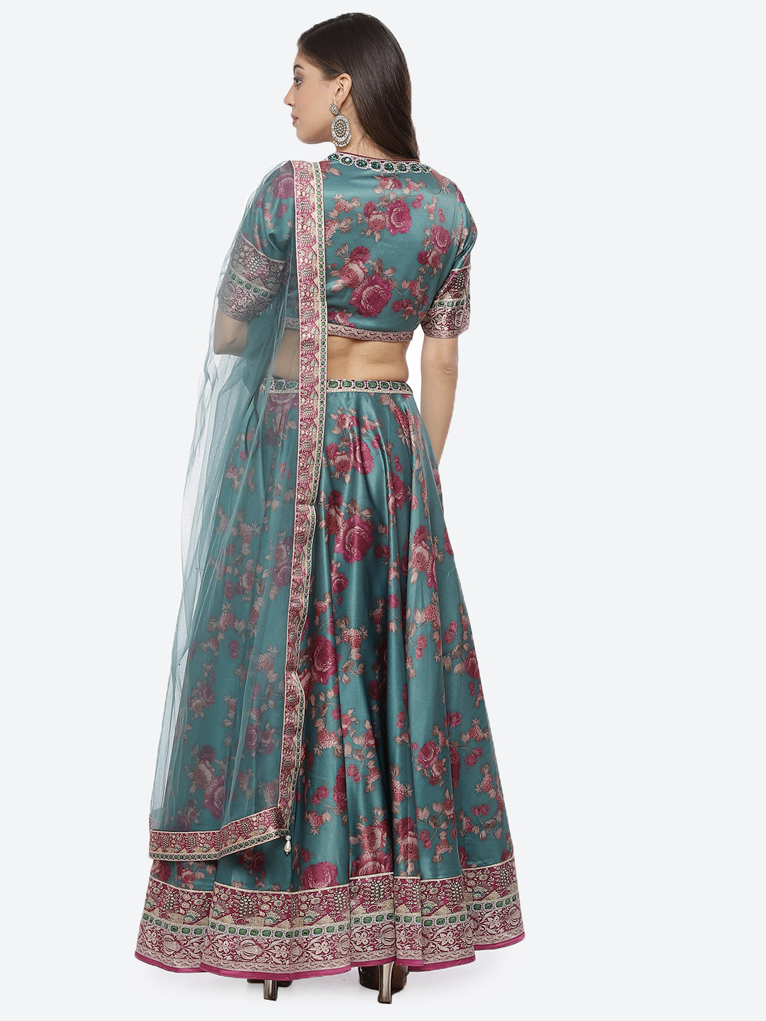Floral Printed Satin Choli With Lehenga &amp; Net Dupatta