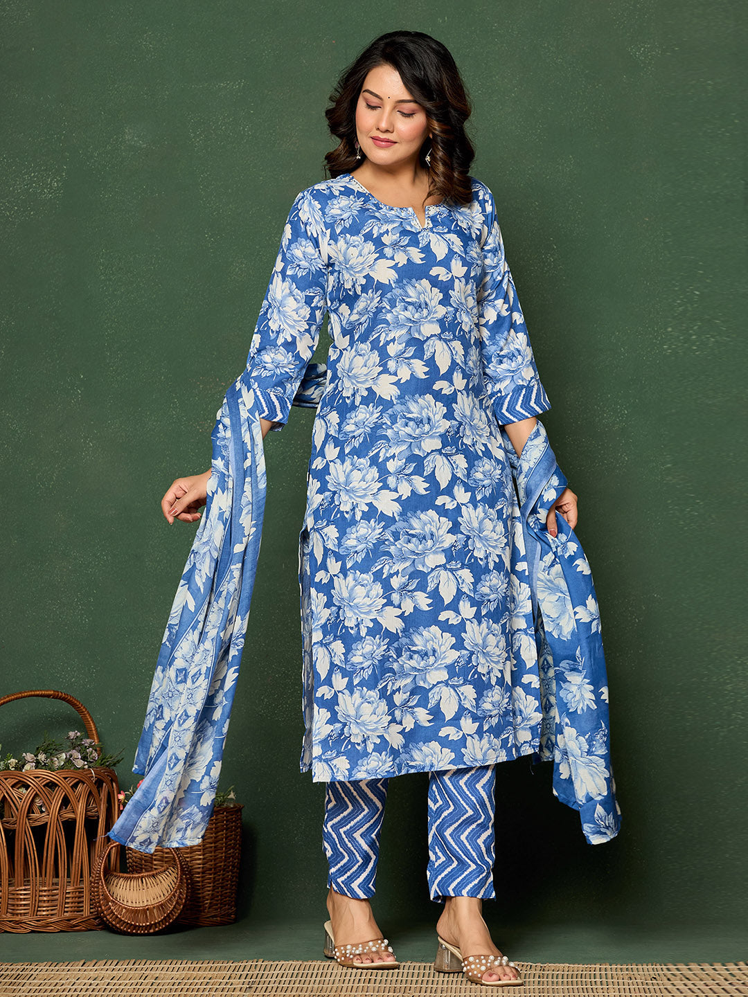 Printed Cotton Blend Kurta With Pants &amp; Dupatta