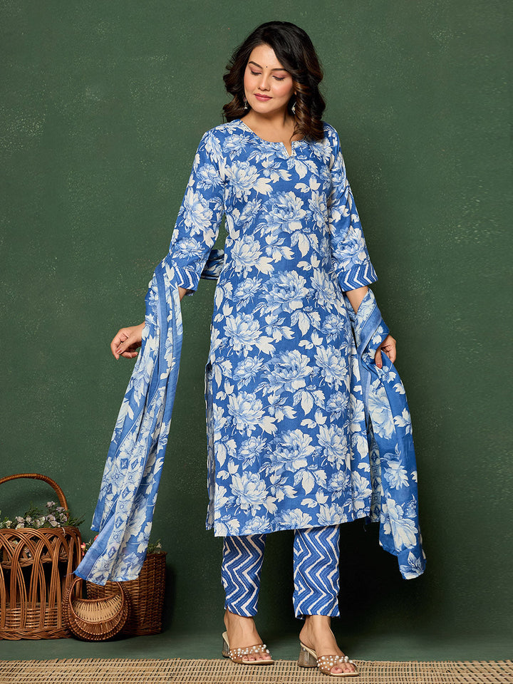 Printed Cotton Blend Kurta With Pants &amp; Dupatta