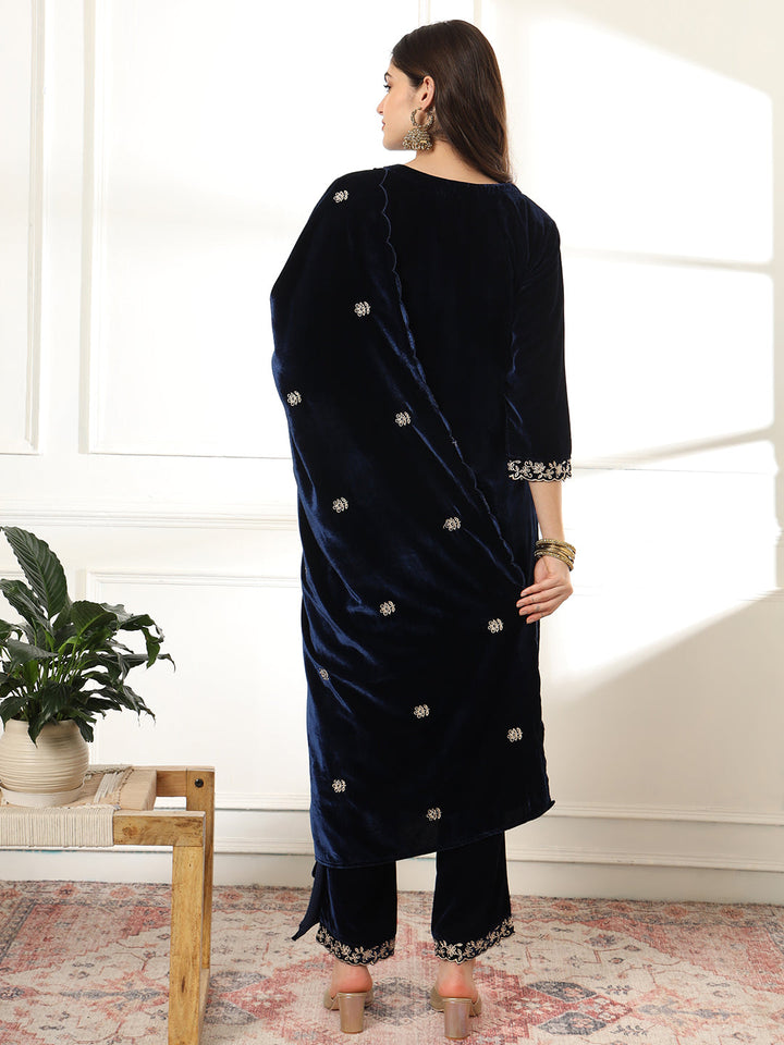 Navy Blue Embroidered Velvet Straight Suit Set With Dupatta