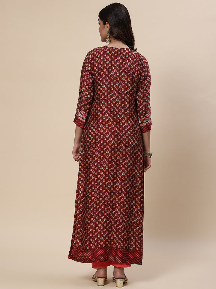 Zari Neck Embroidered &amp; Printed Satin Kurta
