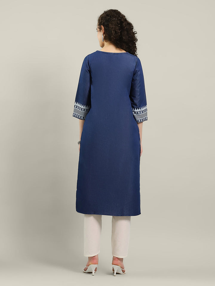Neck Printed Denim Kurta