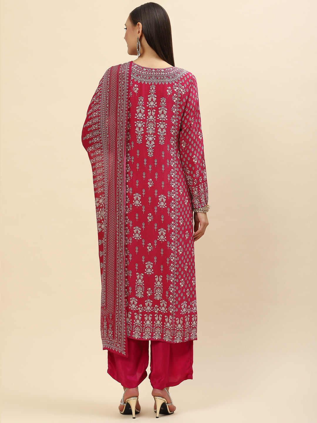 Floral Digital Printed Crepe Kurta With Palazzo &amp; Net Dupatta