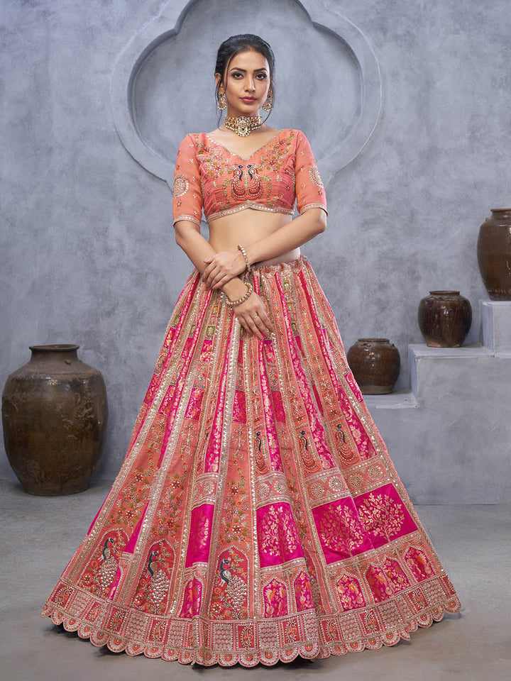 Resham Embroidery Tissue Unstitched Choli With Lehenga &amp; Dupatta