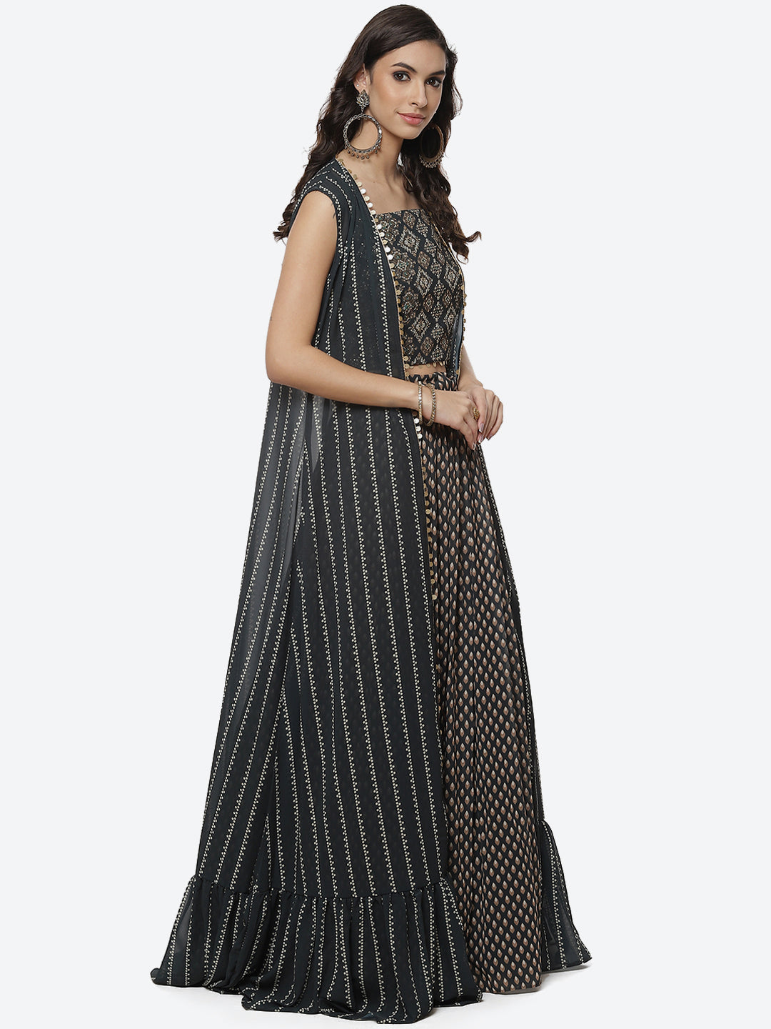 Paisley Printed Crepe Jacket With Lehenga Choli And Net Dupatta