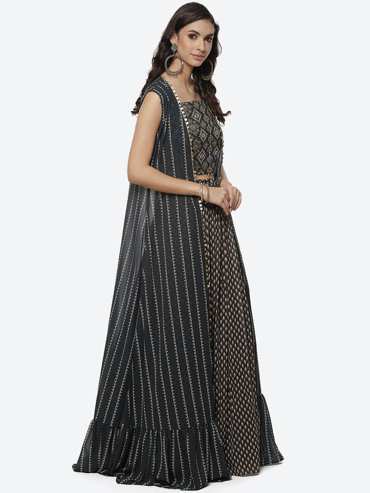 Paisley Printed Crepe Jacket With Lehenga Choli And Net Dupatta