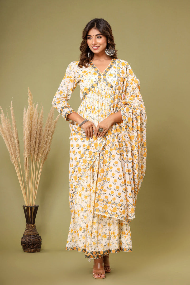 Floral Printed Cotton Kurta With Pants &amp; Dupatta