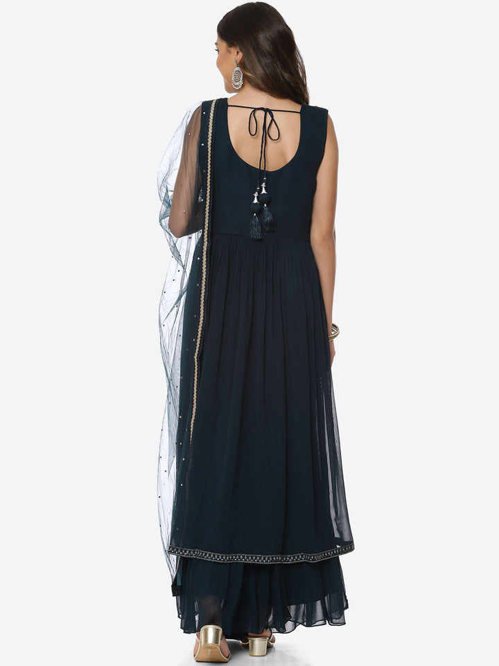 Resham Mirror Georgette Kurta With Palazzo &amp; Dupatta