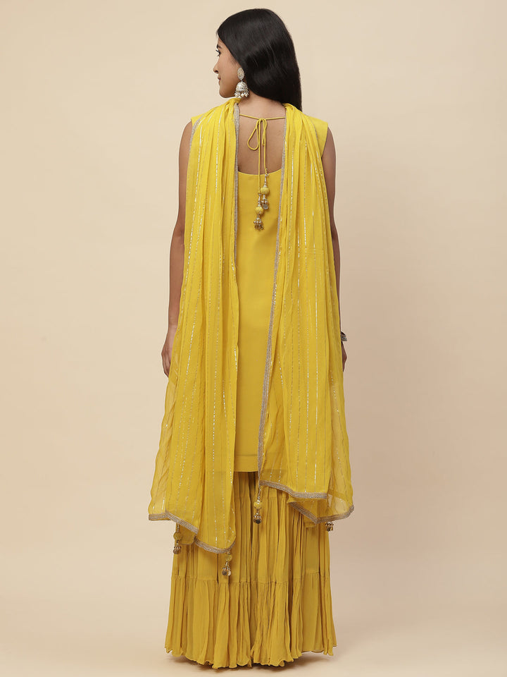 Sequin Embroidered Georgette Kurta With Sharara &amp; Dupatta