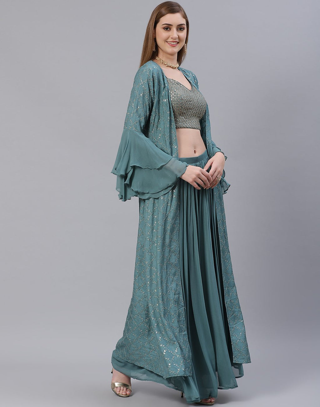 Dusty Green Georgette Salwar Kameez Stitched Suit