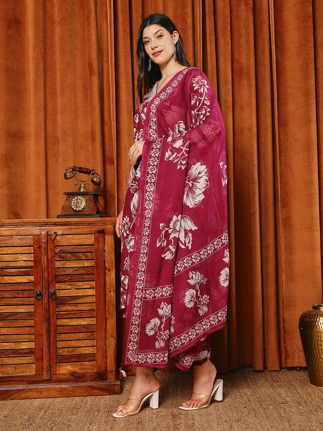 Printed Cotton Blend Kurta With Pants &amp; Dupatta