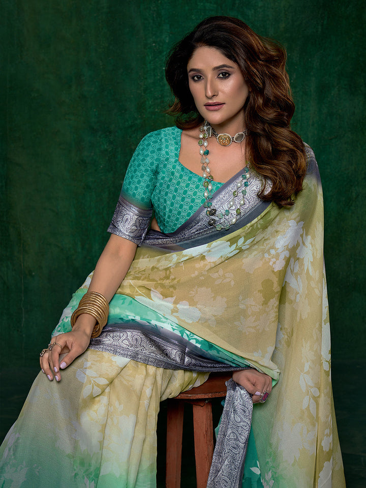 Ombre Floral Printed Georgette Saree