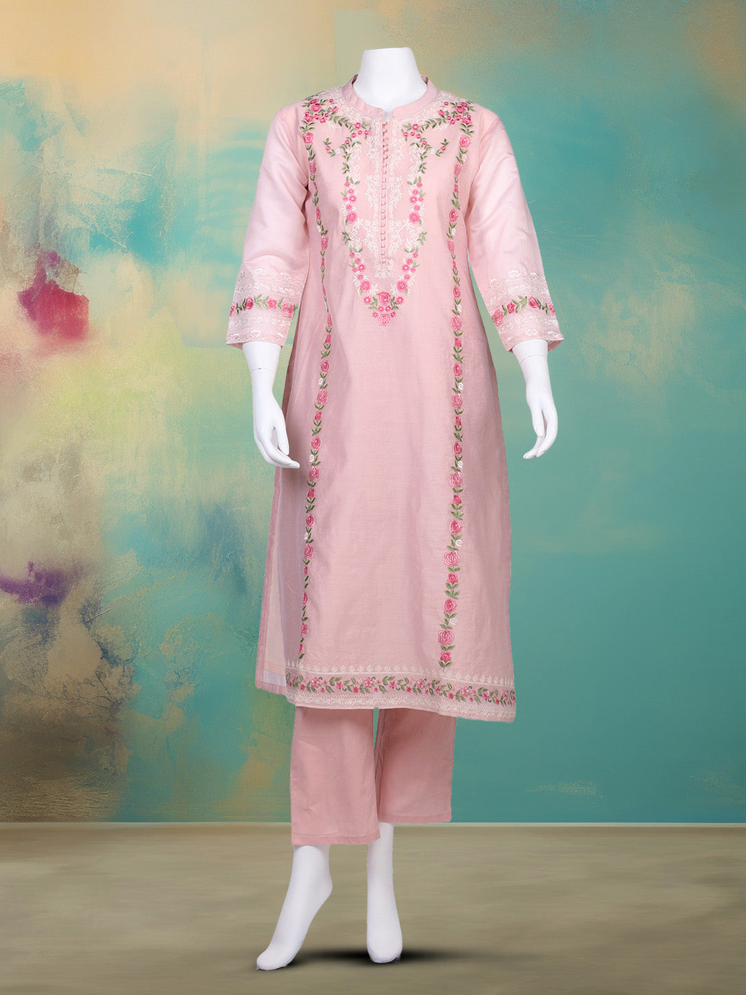 Embroidered Chanderi Kurta With Pant &amp; Dupatta